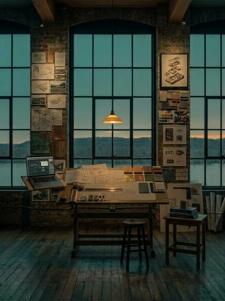 A brick studio at dusk. Tall arched windows look out over a wide river and a wooded ridge. One lamp is lit above a drafting table covered in drawings and material samples.